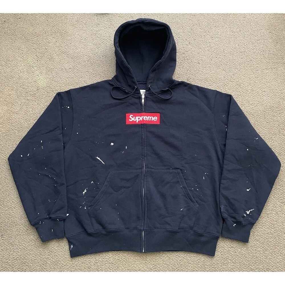 Supreme Maison Margiela MM6 Box Logo Bogo Zip Hoodie M Navy Paint Splatter SS26